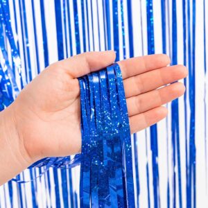 BRAVESHINE Blue Tinsel Foil Fringe Curtains - 2Pcs 3.2x8.2 ft Metallic Holidays Photo Backdrop for Birthdays Homecoming Bachelor Bachelorette Sea Theme Party Decorations