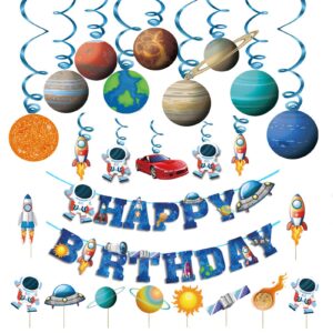 kids space birthday party decorations - blue astronaut spaceship theme happy birthday banner hanging solar system spiral planet card children's gifts cake insert supplies set