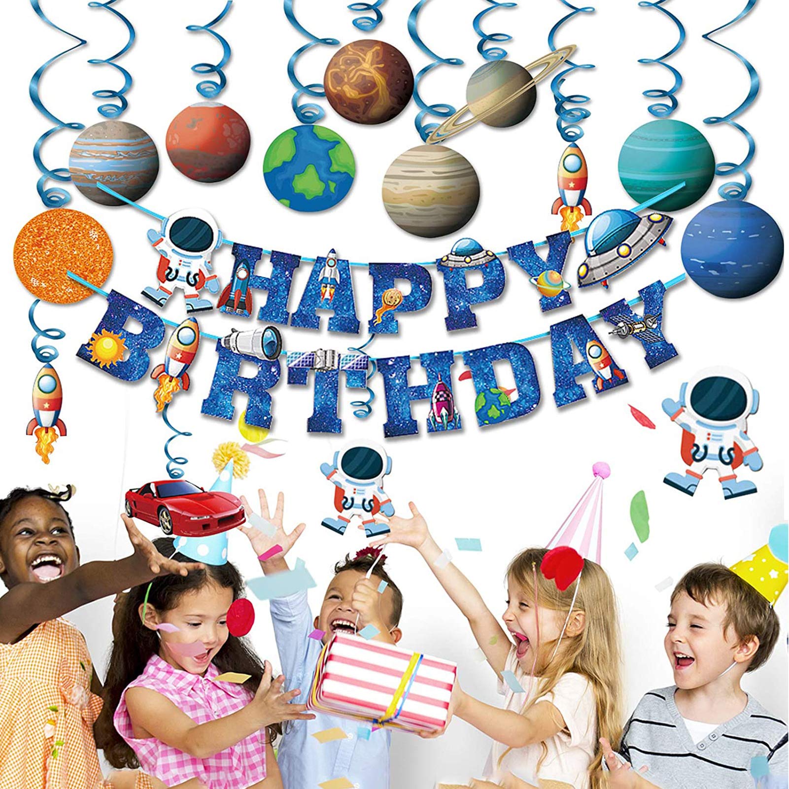 Kids Space Birthday Party Decorations - Blue Astronaut Spaceship Theme Happy Birthday Banner Hanging Solar System Spiral Planet Card Children's Gifts Cake Insert Supplies Set