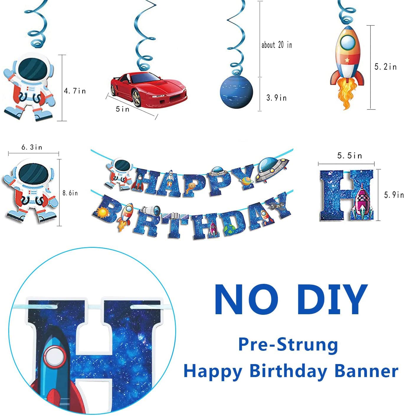 Kids Space Birthday Party Decorations - Blue Astronaut Spaceship Theme Happy Birthday Banner Hanging Solar System Spiral Planet Card Children's Gifts Cake Insert Supplies Set