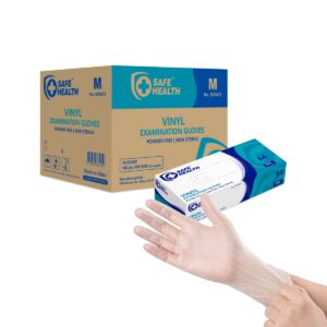 safe health vinyl exam disposable gloves, latex free, powder free, clear, case of 1000, medium, 3.5 mil, medical grade, nursing, office, kitchen, pet care, cleaning, housework