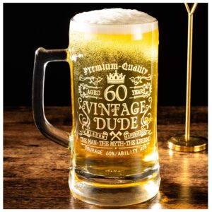 crisky 60th birthday vintage dude beer mug for men 60 years old gift 21 oz birthday beer glass for him, husband, father, brother friends uncle coworker, large capacity beer mug gift, with box