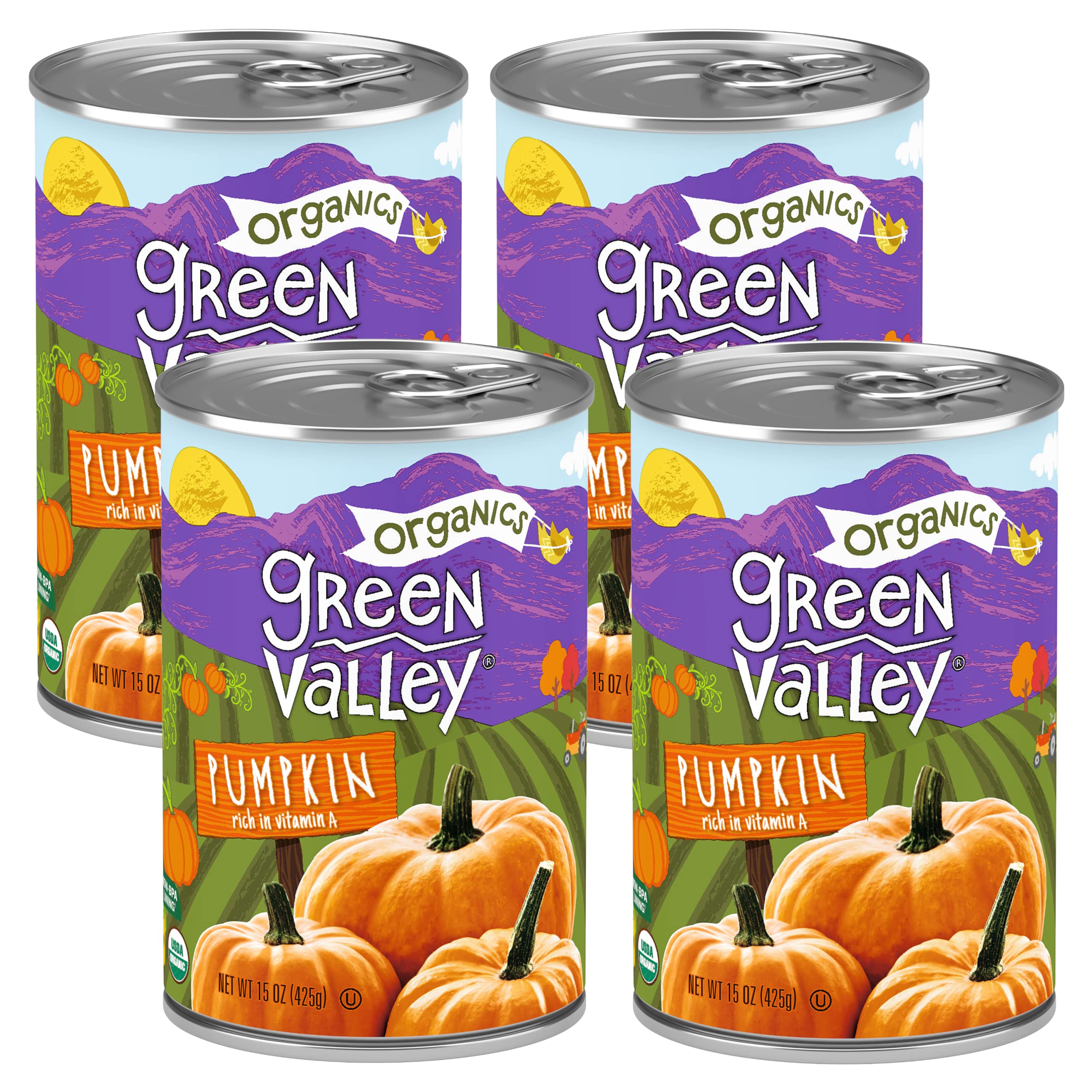 Green Valley Organics Pumpkin | Certified Organic | 100% Dickinson Variety | Sweet Earthy Delicious | Firm & Smooth | Vibrant Autumn Orange | American Grown & Made | 15 oz (Pack of 4)