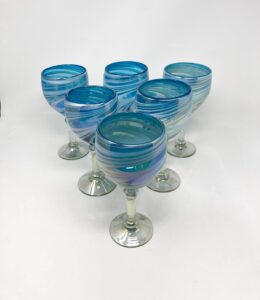 blue dorado design hand blown wine glass - 16 oz - bdd - set of 6 (turquoise and white swirl)