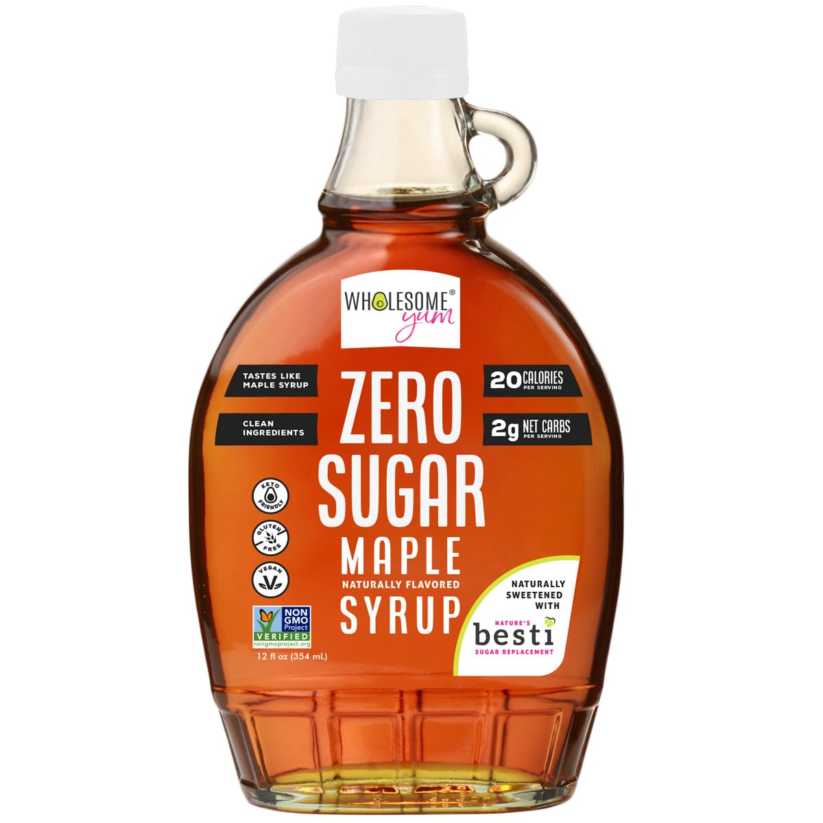 Wholesome Yum Zero Sugar Maple Syrup (Keto Maple Syrup) With Monk Fruit & Allulose - Natural Sugar Free Pancake Syrup - Non GMO, Low Carb, Gluten Free, Vegan, No Aftertaste (12 fl oz)