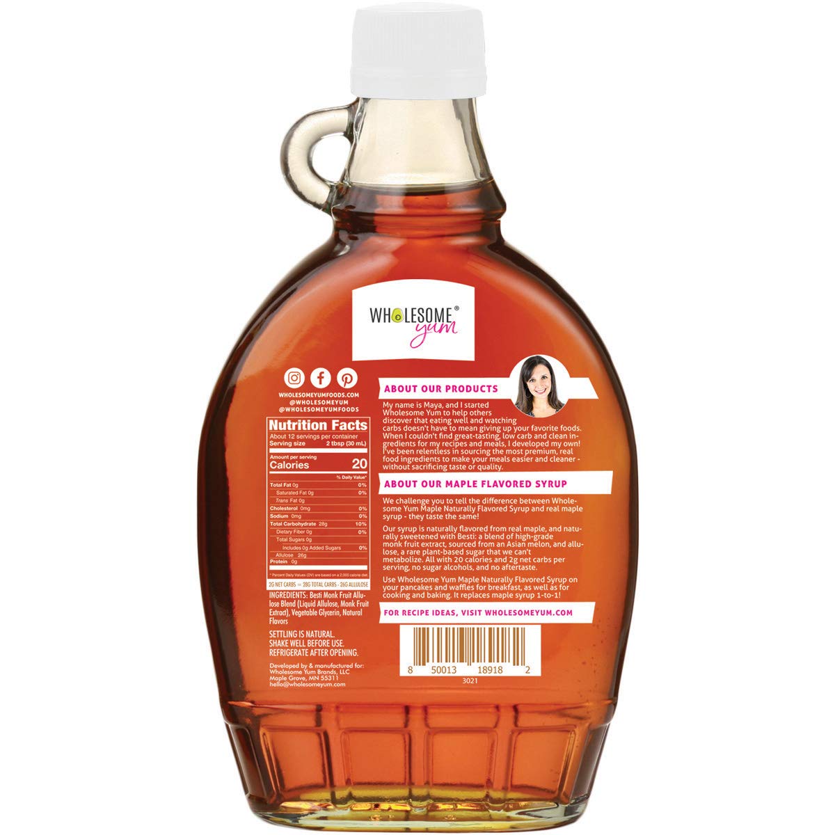 Wholesome Yum Zero Sugar Maple Syrup (Keto Maple Syrup) With Monk Fruit & Allulose - Natural Sugar Free Pancake Syrup - Non GMO, Low Carb, Gluten Free, Vegan, No Aftertaste (12 fl oz)