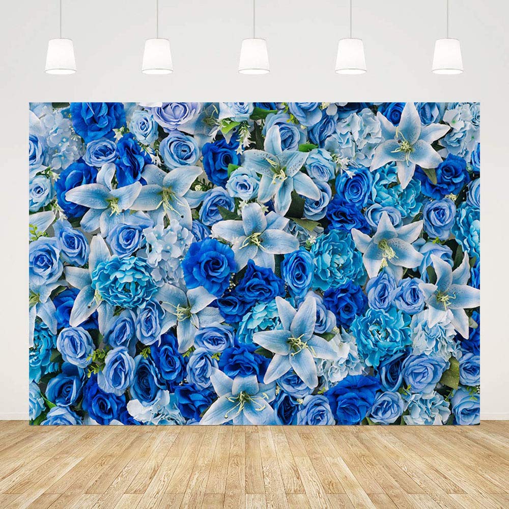 MEHOFOND Blue Flower Wall Backdrop for Wedding Bridal Shower Decorations Banner Supplies Valentines Day Blue Floral Rose Photography Background Photo Booth Studio Props Vinyl 8x6ft