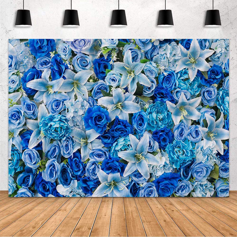 MEHOFOND Blue Flower Wall Backdrop for Wedding Bridal Shower Decorations Banner Supplies Valentines Day Blue Floral Rose Photography Background Photo Booth Studio Props Vinyl 8x6ft