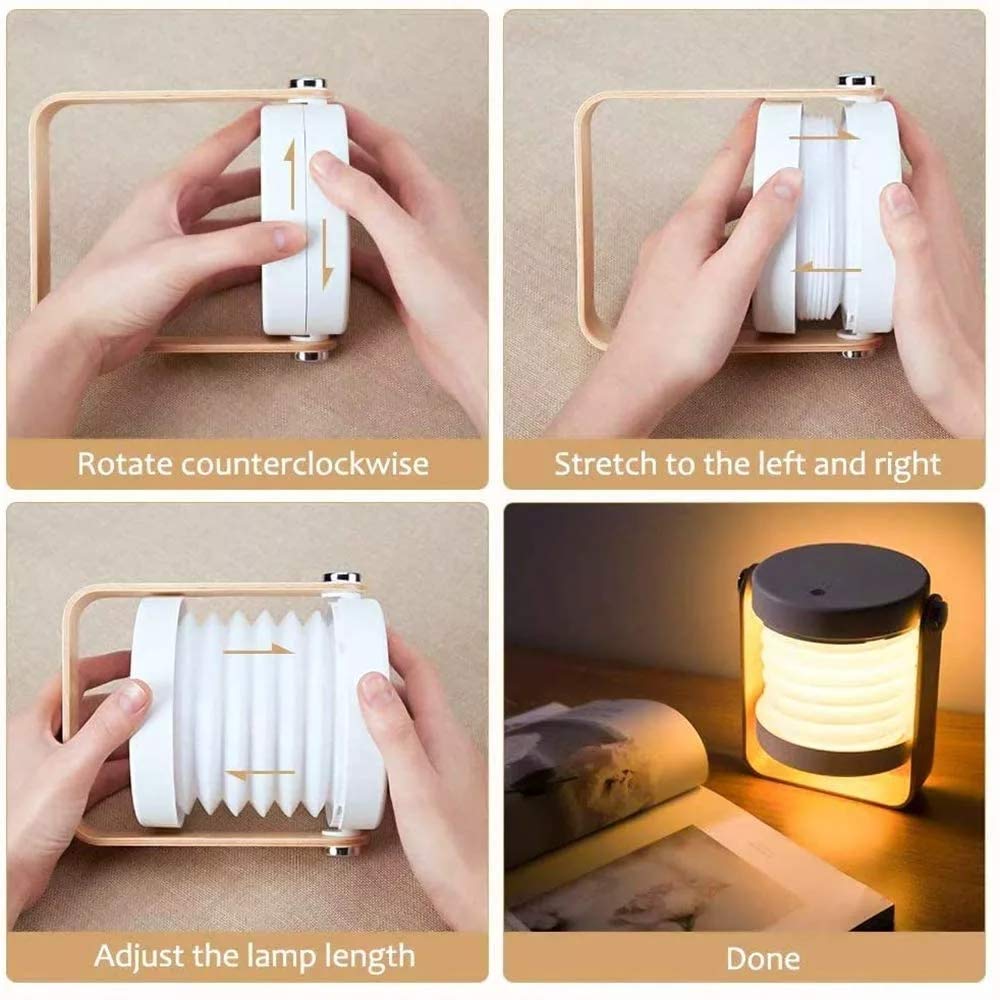 4-in-1 Foldable Table Lamp,USB Retractable LED Light,Wooden Handle Portable Lantern Light and Flashlight,Touch Control Dimmable 3 Level Brightness Night Light for Reading, Outdoor Camping (White)