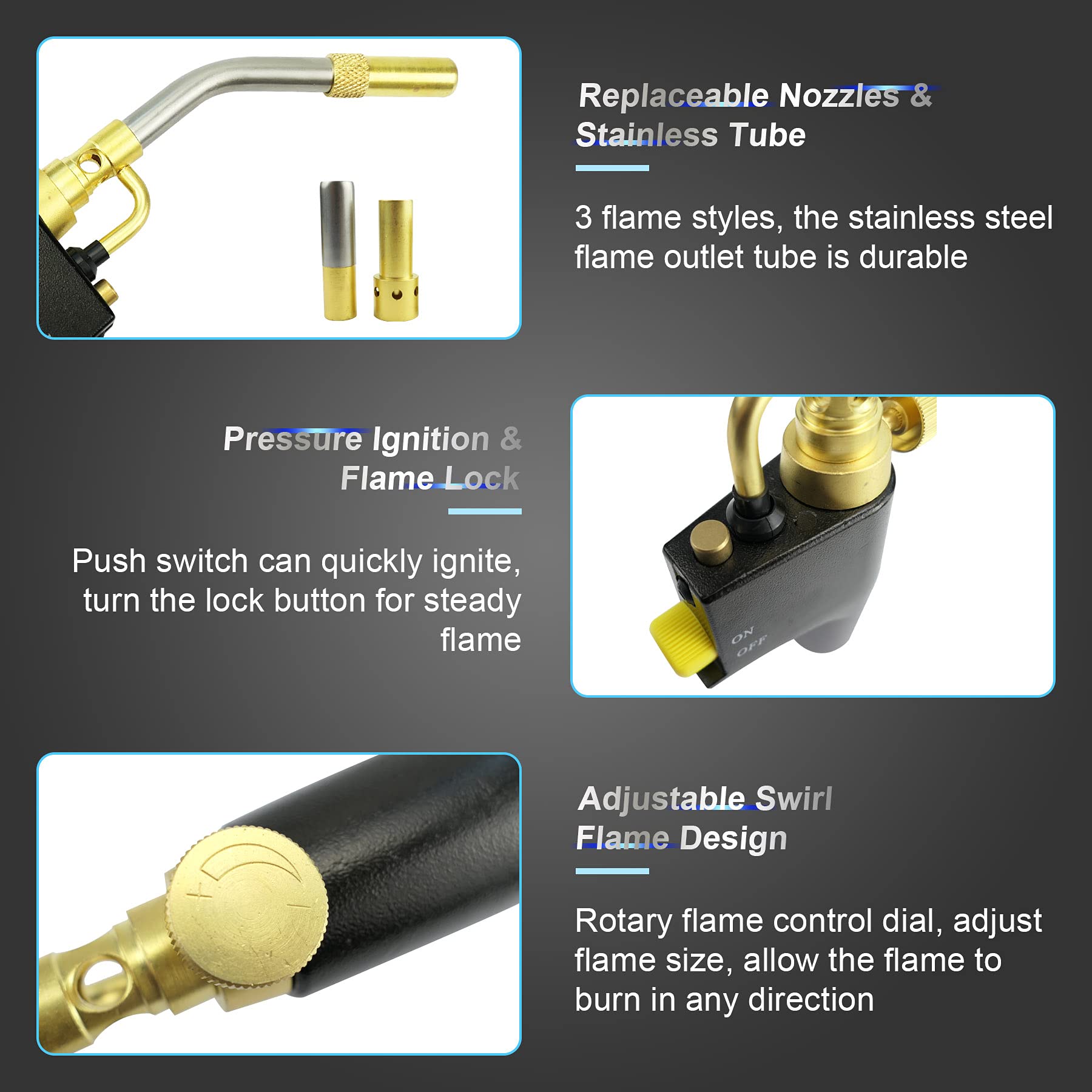 Propane Mapp Torch with 3 Nozzles, Swirl Flame Tip for All Soldering and Brazing Application, High Intensity Cast Handheld Trigger Start Torch, Mapp Gas Propane Head Heat Shrink Torch