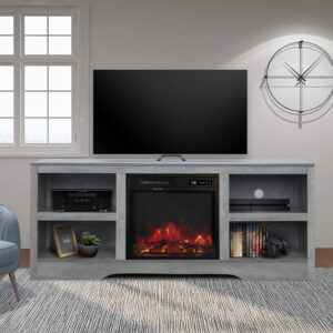 enstver 58" tv stand with electric fireplace,fireplace console,storage shelves entertainment center for living room,gray