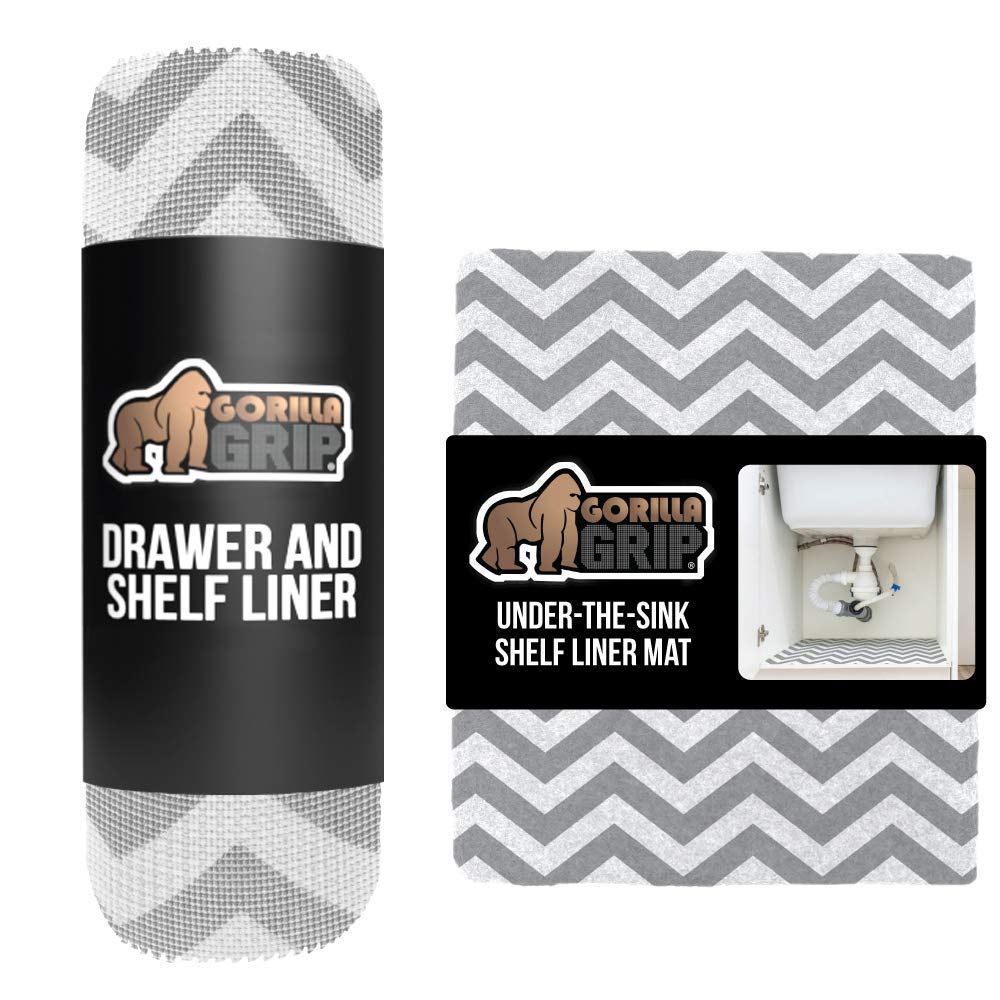 Gorilla Grip Drawer Liner and Under Sink Mat Liner, Both in Chevron Gray White Pattern, Drawer and Shelf Liner Size is 17.5x30, Under Sink Mat Size is 24x30, Waterproof, Easy to Trim, 2 Item Bundle