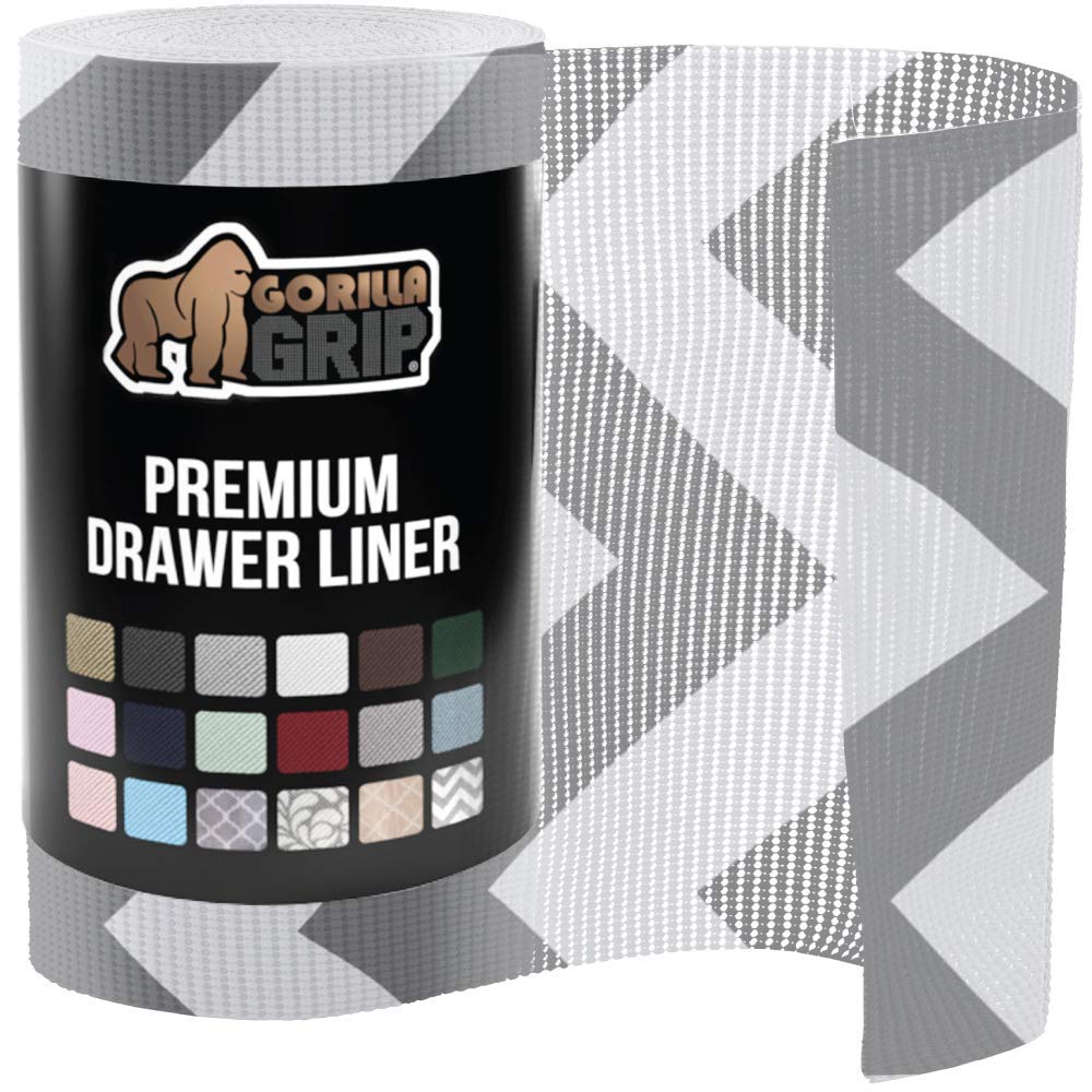 Gorilla Grip Drawer Liner and Under Sink Mat Liner, Both in Chevron Gray White Pattern, Drawer and Shelf Liner Size is 17.5x30, Under Sink Mat Size is 24x30, Waterproof, Easy to Trim, 2 Item Bundle