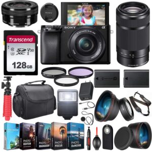 sony alpha a6100 mirrorless camera uhd 4k 2 lens kit (ilce6100y/b) with 16-50mm & 55-210mm lens + extra battery + flash + wide angle & telephoto lens + filters + 128gb u3 v30 memory accessory bundle