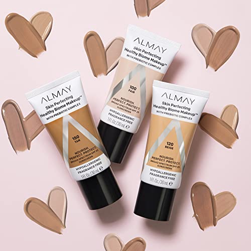 Almay Skin Perfecting Healthy Biome Foundation Makeup with Prebiotic Complex SPF 25, Hypoallergenic, -Fragrance Free, 130 Medium, 1 fl. oz.