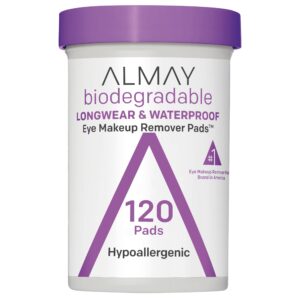 almay biodegradable makeup remover pads, longwear & waterproof, hypoallergenic, fragrance-free, dermatologist & ophthalmologist tested, 120 count (pack of 1)