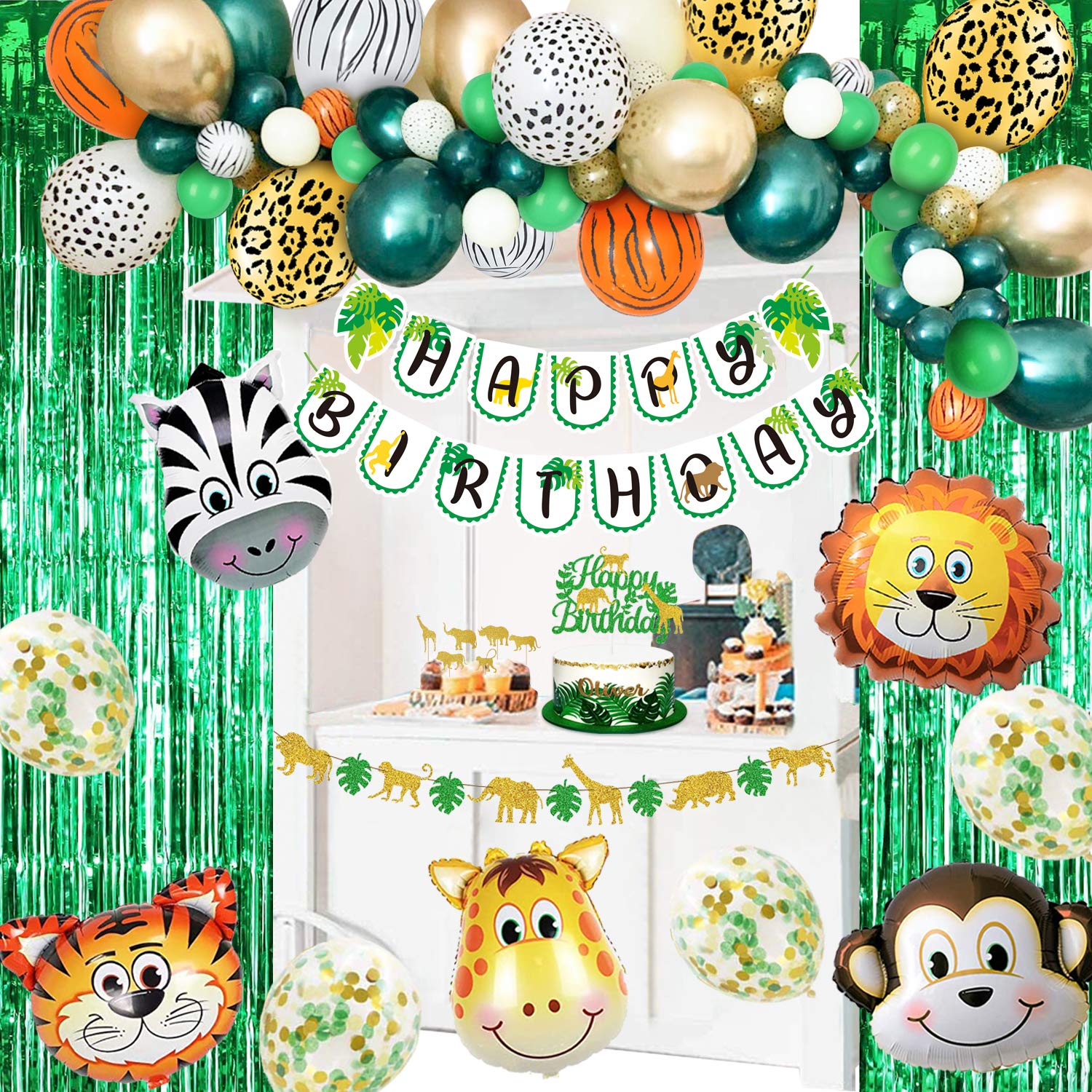 NAIWOXI Safari Birthday Decorations 90PcsSet Jungle Theme Party Supplies Set Including Animal Foil Balloons, Foil Curtains, Cake Toppers, Banner, Jungle Balloon Garland Kit, Safari Baby Shower