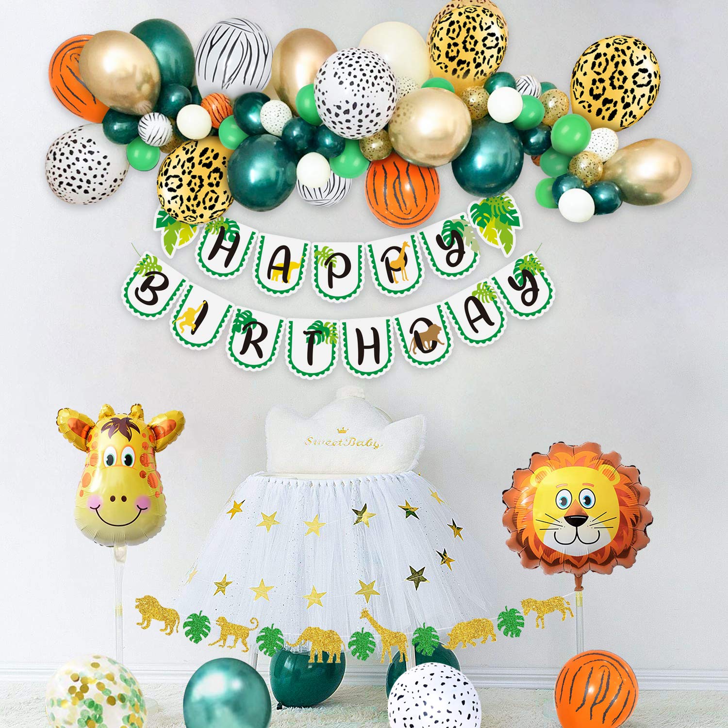 NAIWOXI Safari Birthday Decorations 90PcsSet Jungle Theme Party Supplies Set Including Animal Foil Balloons, Foil Curtains, Cake Toppers, Banner, Jungle Balloon Garland Kit, Safari Baby Shower