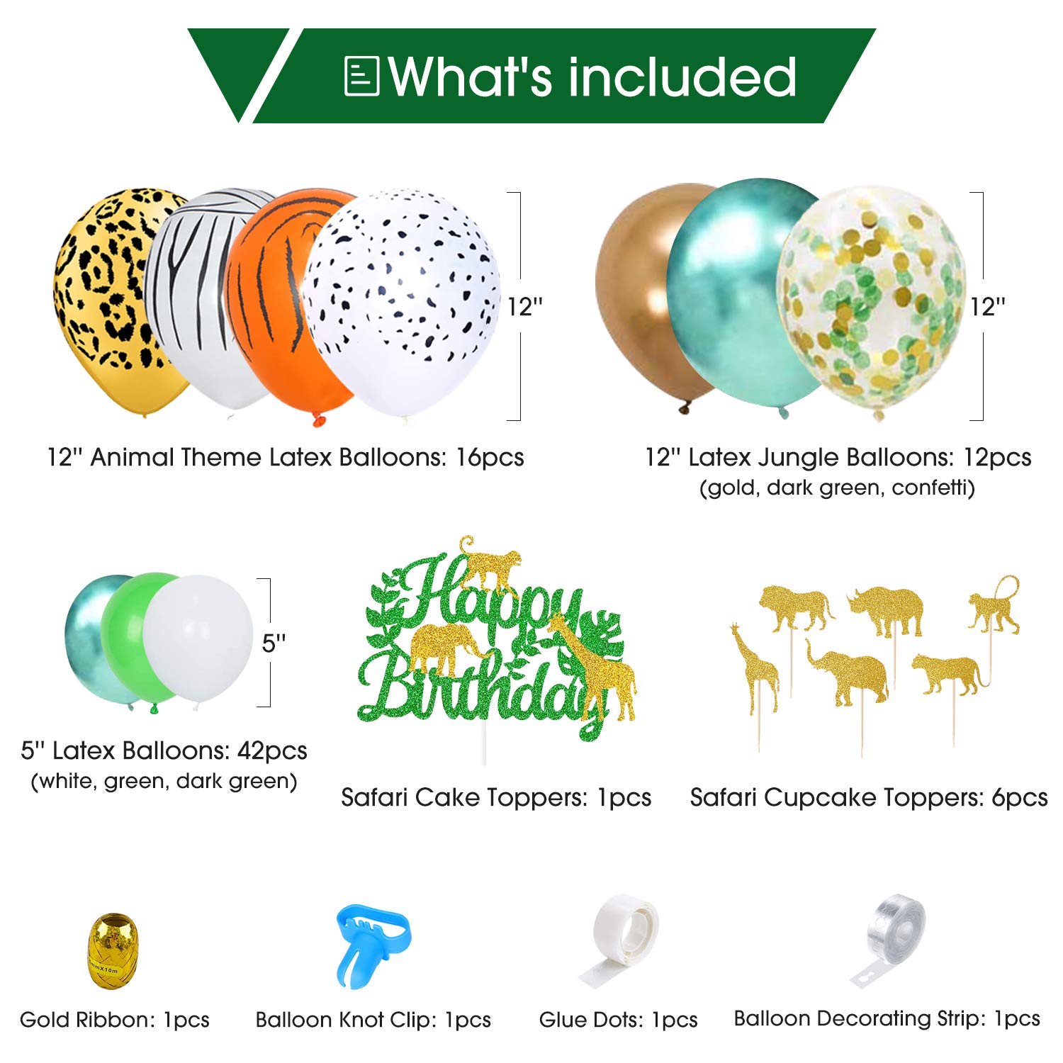 NAIWOXI Safari Birthday Decorations 90PcsSet Jungle Theme Party Supplies Set Including Animal Foil Balloons, Foil Curtains, Cake Toppers, Banner, Jungle Balloon Garland Kit, Safari Baby Shower