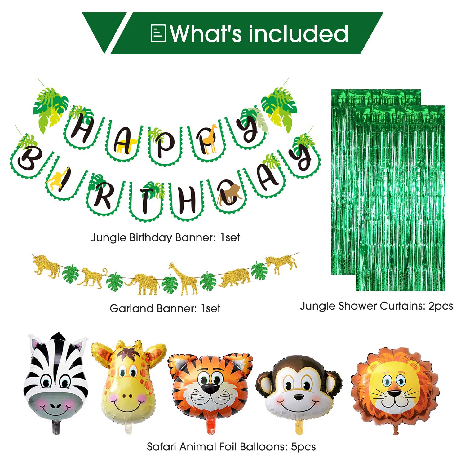 NAIWOXI Safari Birthday Decorations 90PcsSet Jungle Theme Party Supplies Set Including Animal Foil Balloons, Foil Curtains, Cake Toppers, Banner, Jungle Balloon Garland Kit, Safari Baby Shower