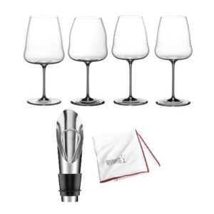 riedel winewings tasting wine glass set (4-pack) bundle with wine pourer and large microfiber polishing cloth (3 items)