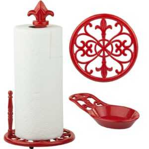 linen store cast iron 3 piece set paper towel holder & spoon rest, trivet fleur de lis red