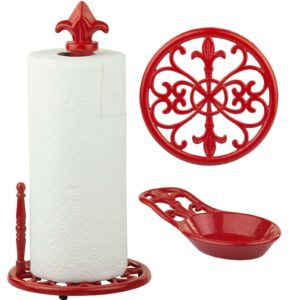 Linen Store Cast Iron 3 Piece Set Paper Towel Holder & Spoon Rest, Trivet Fleur De Lis Red