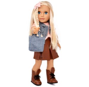 gift boutique 18 inch girl doll, fashion doll with fine blonde long hair for styling, blue eyes, leather boots, denim jacket hair bow handbag, doll clothes and accessories princess doll for kids