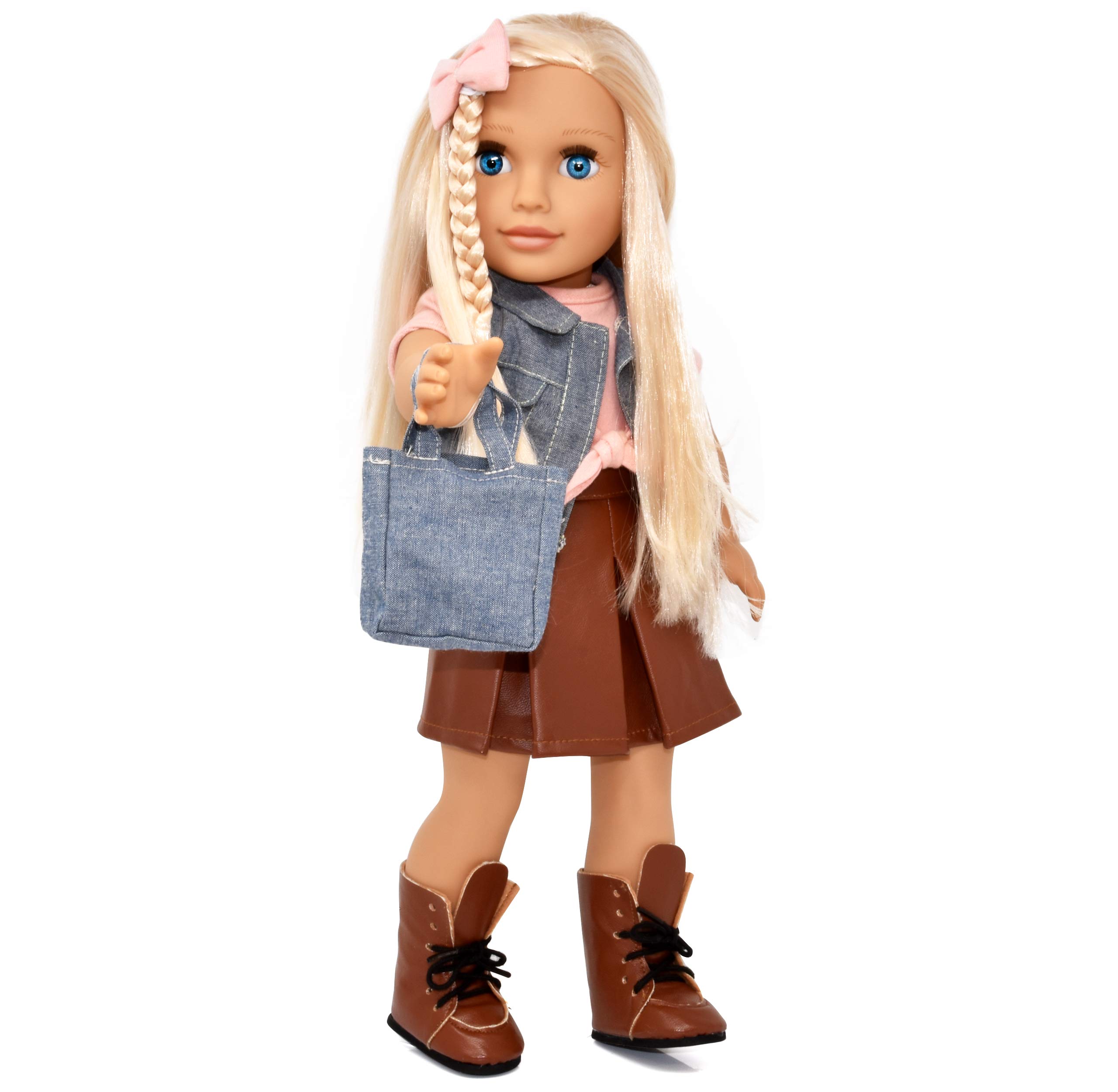 Gift Boutique 18 Inch Girl Doll, Fashion Doll with Fine Blonde Long Hair for Styling, Blue Eyes, Leather Boots, Denim Jacket Hair Bow Handbag, Doll Clothes and Accessories Princess Doll for Kids