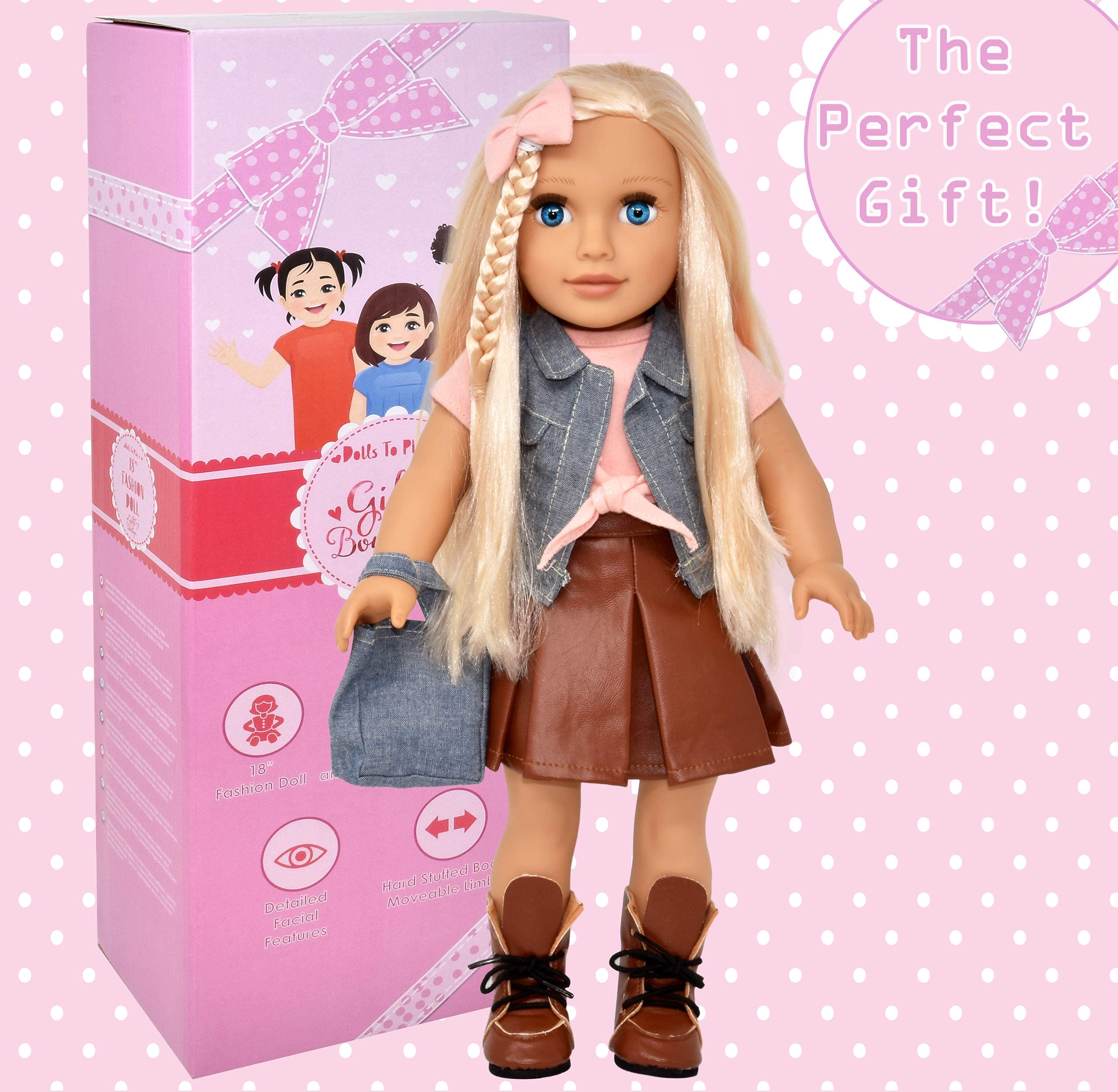 Gift Boutique 18 Inch Girl Doll, Fashion Doll with Fine Blonde Long Hair for Styling, Blue Eyes, Leather Boots, Denim Jacket Hair Bow Handbag, Doll Clothes and Accessories Princess Doll for Kids