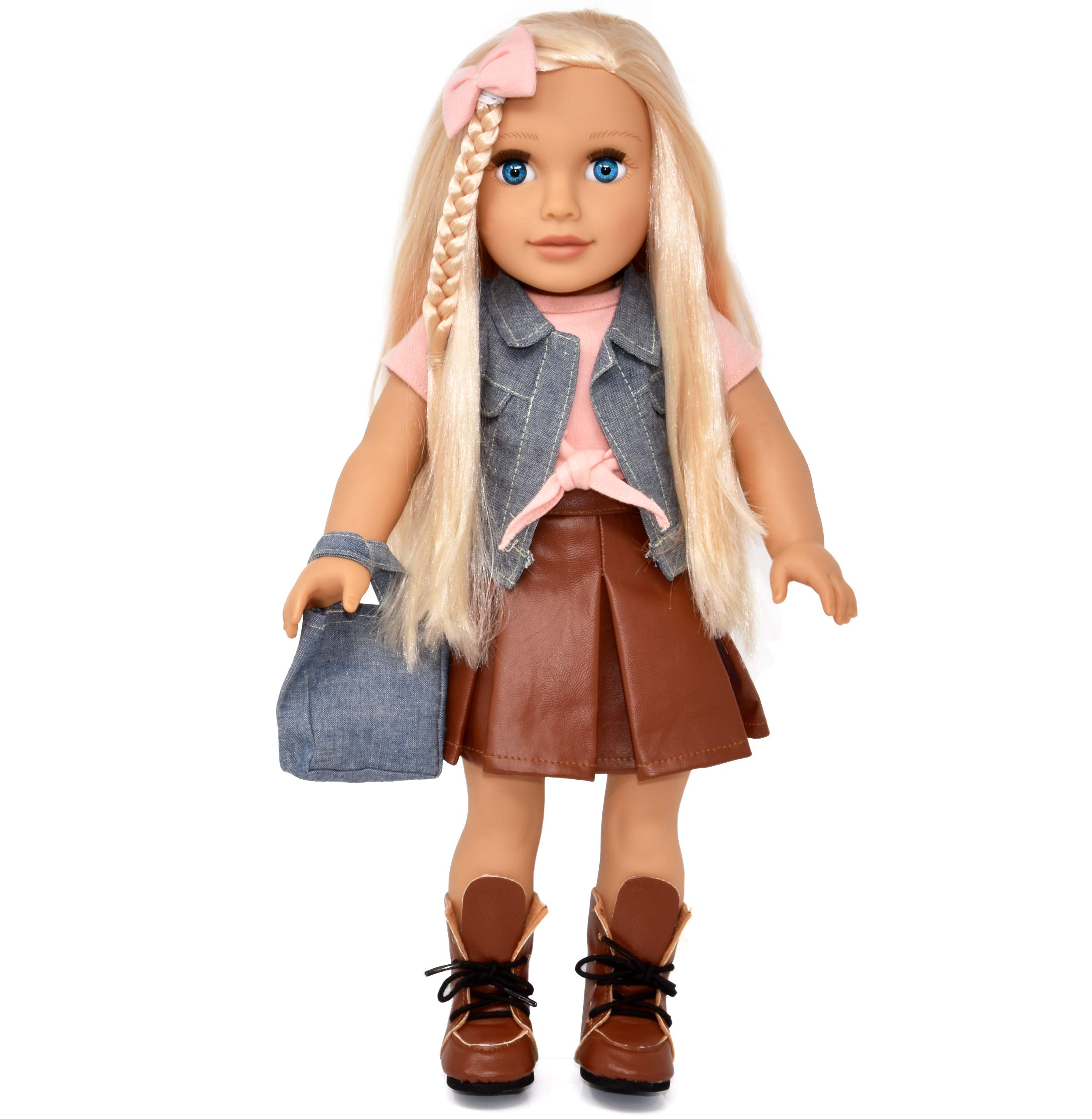 Gift Boutique 18 Inch Girl Doll, Fashion Doll with Fine Blonde Long Hair for Styling, Blue Eyes, Leather Boots, Denim Jacket Hair Bow Handbag, Doll Clothes and Accessories Princess Doll for Kids