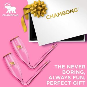 Chambong - Champagne Flute Party Set - 2 Glass Champagne Shooters (6 oz) & 1 Dark Wood Flute Holder (Holds 2) - Perfect for Bachelorette Party Favors, Engagement Gifts & White Elephant Gifts