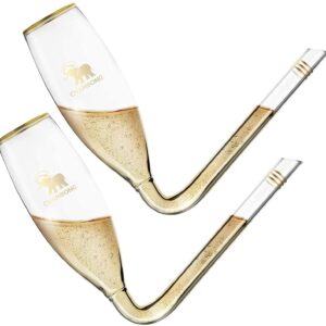 Chambong - Champagne Flute Party Set - 2 Glass Champagne Shooters (6 oz) & 1 Dark Wood Flute Holder (Holds 2) - Perfect for Bachelorette Party Favors, Engagement Gifts & White Elephant Gifts