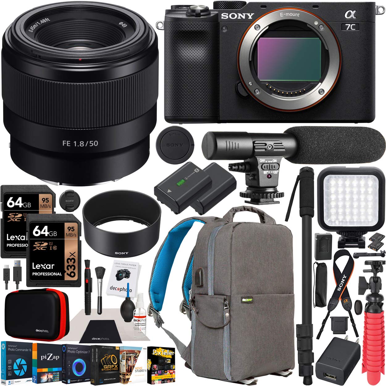 Sony a7C Mirrorless Full Frame Camera Body with Sony FE 50mm F1.8 Full-Frame Lens SEL50F18F Black ILCE7C/B Bundle with Deco Gear Photography Backpack Case, Software and Accessories