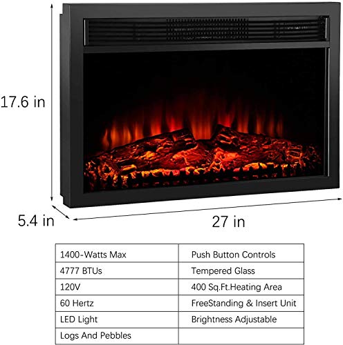 MATHROSE 26 Inch Electric Fireplace Insert LED 1400W/120V Embedded&Freestanding 3D Realistic Flame Effect Heater with Remote Control, Overheating Protection