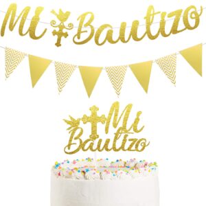 gold glitter mi bautizo banner mi bautizo cake topper decorations glitter triangle flag banner first holy communion decorations for baby shower baptism girls boys christening celebration decor