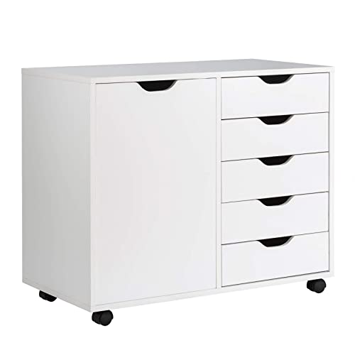 Giantex Drawers Cabinet Mobile Lateral Filing Organizer with 5 Drawers,1 Side Cabinet and Wheels Mobile Chest for Home Office Storage Use Dresser (31”x 15.5” x 25.5”, White)