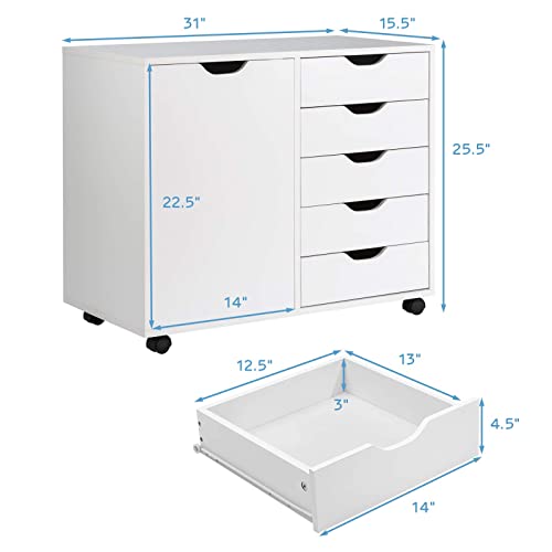 Giantex Drawers Cabinet Mobile Lateral Filing Organizer with 5 Drawers,1 Side Cabinet and Wheels Mobile Chest for Home Office Storage Use Dresser (31”x 15.5” x 25.5”, White)