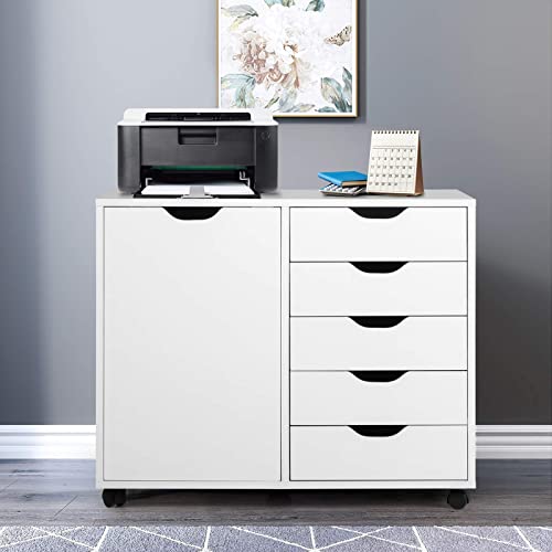 Giantex Drawers Cabinet Mobile Lateral Filing Organizer with 5 Drawers,1 Side Cabinet and Wheels Mobile Chest for Home Office Storage Use Dresser (31”x 15.5” x 25.5”, White)