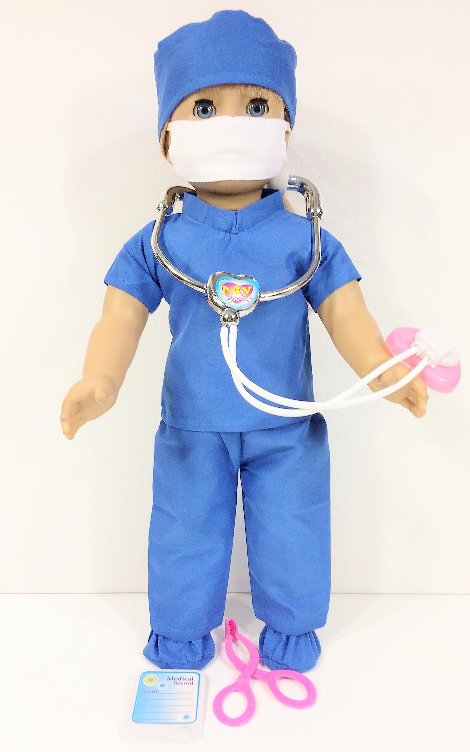 7 Piece Nurse, Doctor, Scrubs Doll Clothes Mask Medical Kit fits 18 Inch American Girl Doll Blue