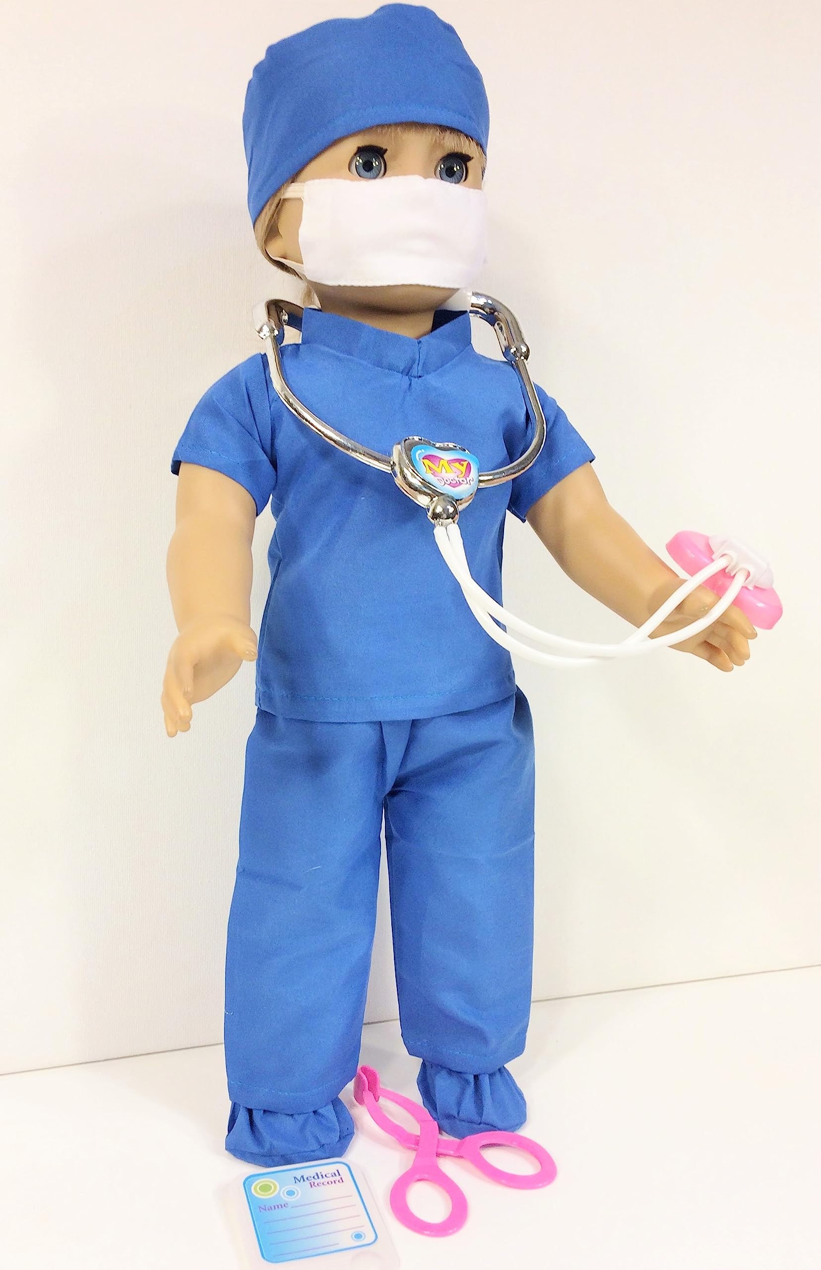 7 Piece Nurse, Doctor, Scrubs Doll Clothes Mask Medical Kit fits 18 Inch American Girl Doll Blue