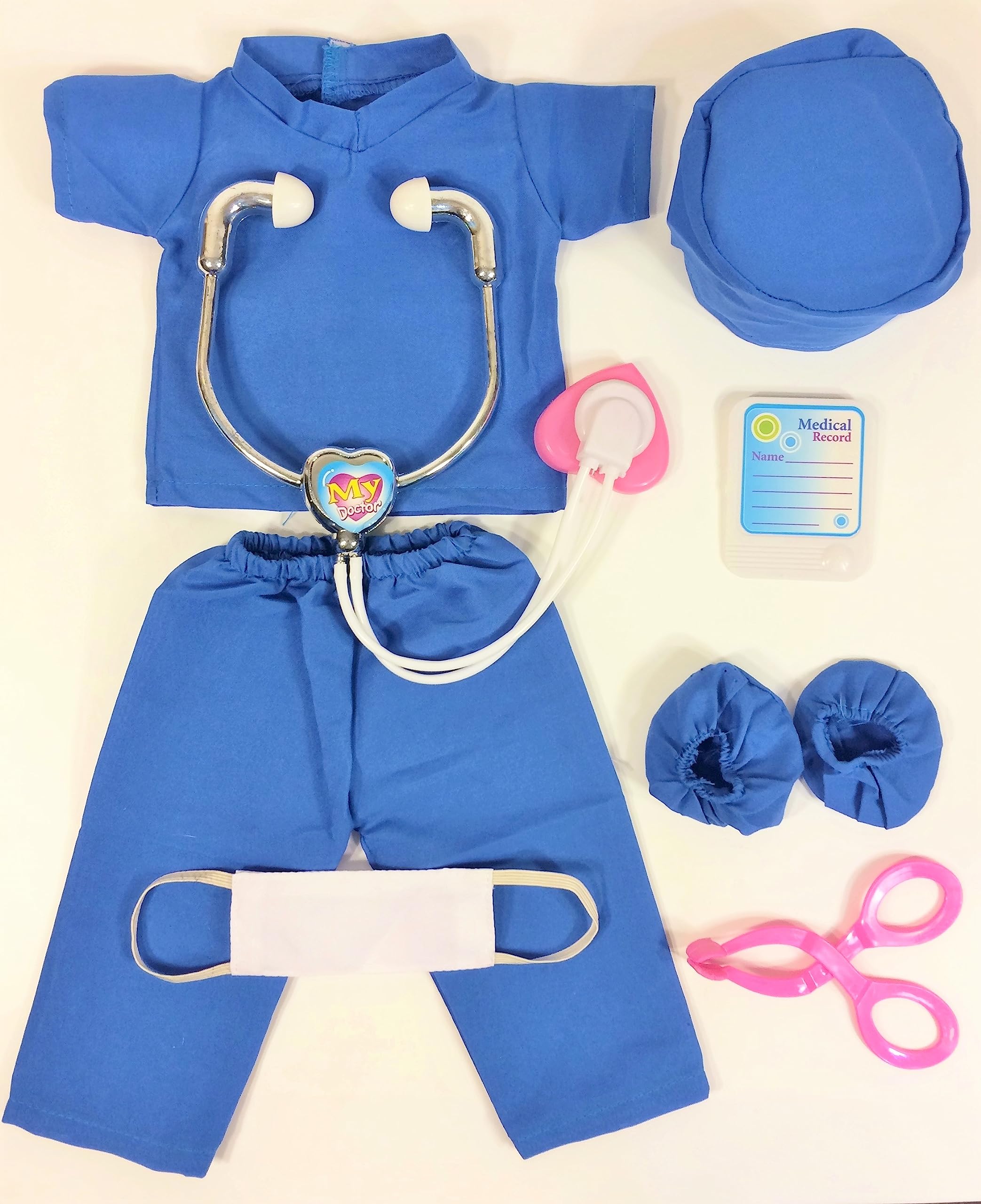 7 Piece Nurse, Doctor, Scrubs Doll Clothes Mask Medical Kit fits 18 Inch American Girl Doll Blue