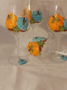 hand painted autumn pumpkins goblets. set of 4 20 ounce white wine gobblets. usa