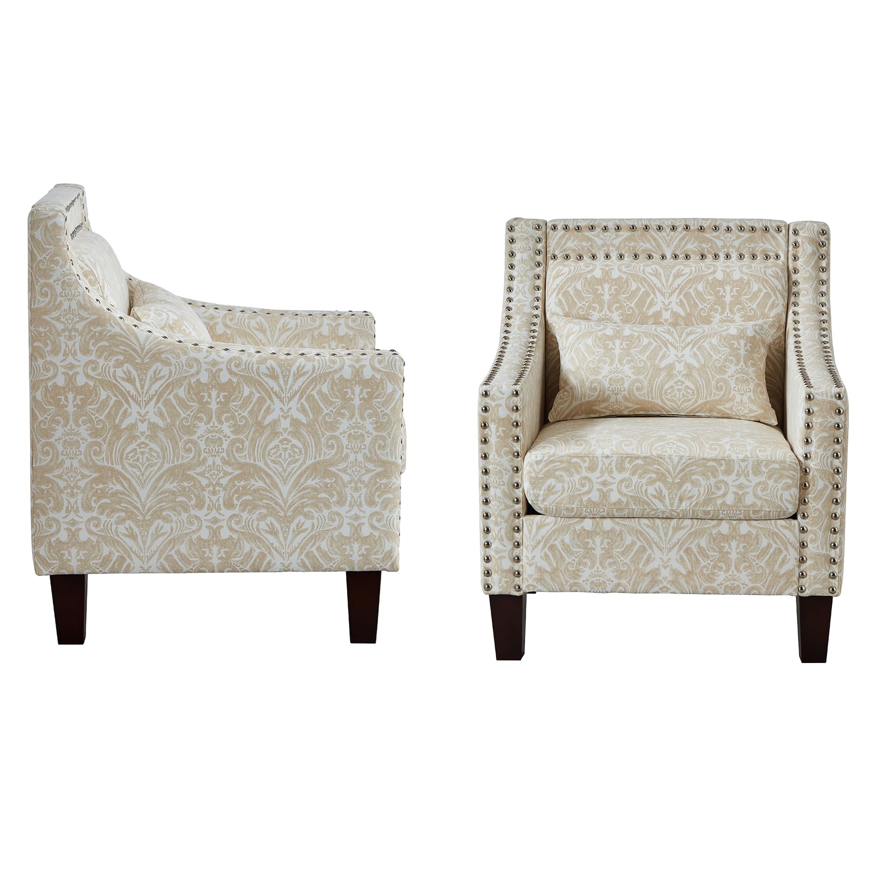 Dolonm Accent Chair with Arms Mid Century Modern Decorative Side Chair Upholstered Reading Chair with Wood Legs Nailhead Studded Wingback Linen Fabric Chair for Living Room Bedroom, Beige