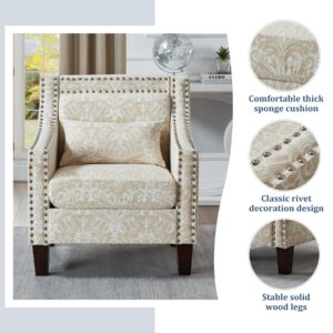 Dolonm Accent Chair with Arms Mid Century Modern Decorative Side Chair Upholstered Reading Chair with Wood Legs Nailhead Studded Wingback Linen Fabric Chair for Living Room Bedroom, Beige