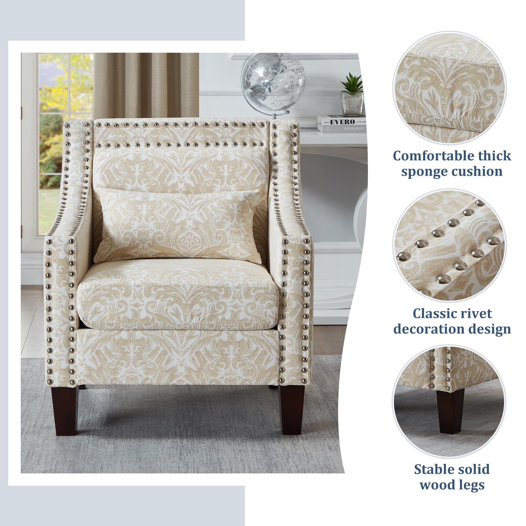 Dolonm Accent Chair with Arms Mid Century Modern Decorative Side Chair Upholstered Reading Chair with Wood Legs Nailhead Studded Wingback Linen Fabric Chair for Living Room Bedroom, Beige