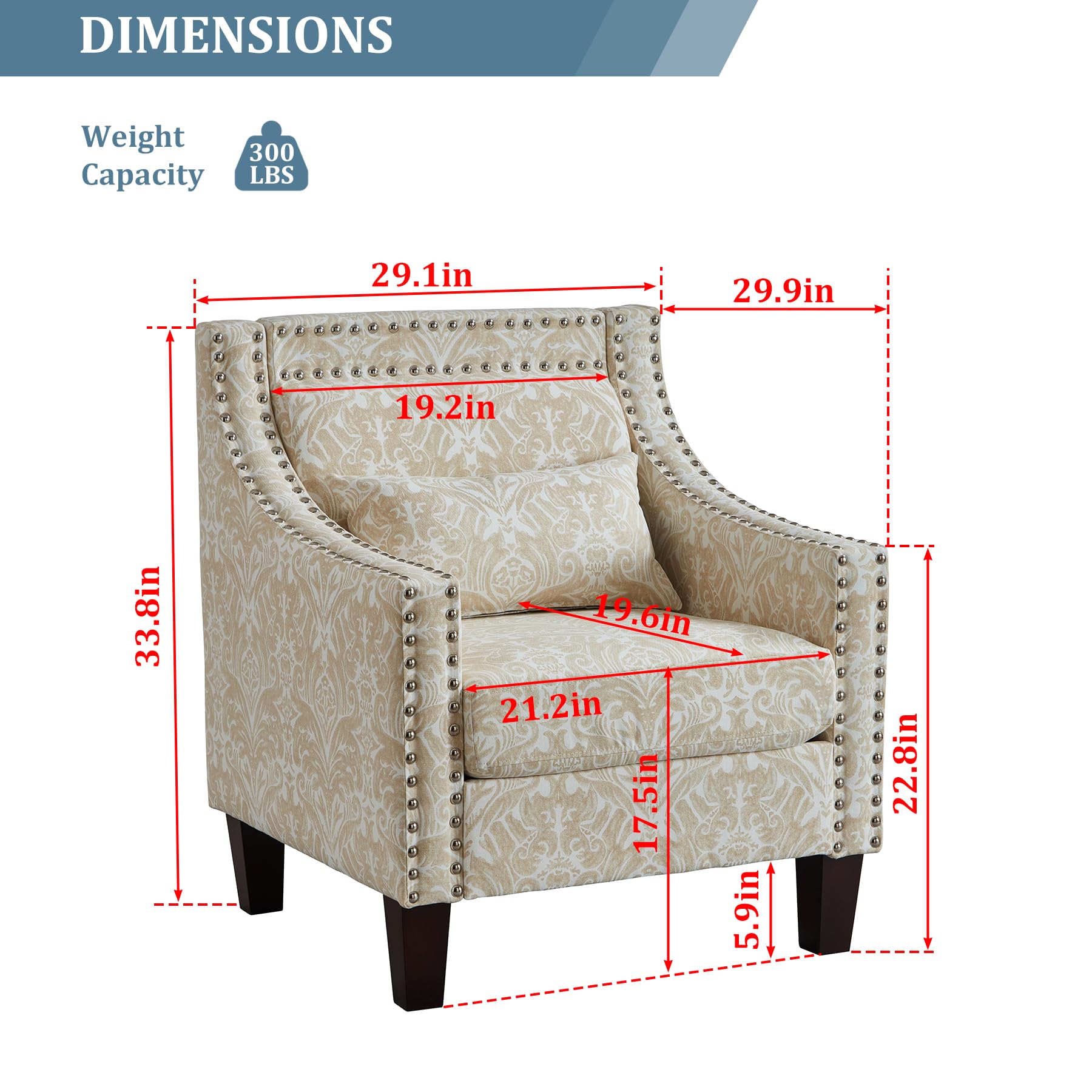 Dolonm Accent Chair with Arms Mid Century Modern Decorative Side Chair Upholstered Reading Chair with Wood Legs Nailhead Studded Wingback Linen Fabric Chair for Living Room Bedroom, Beige