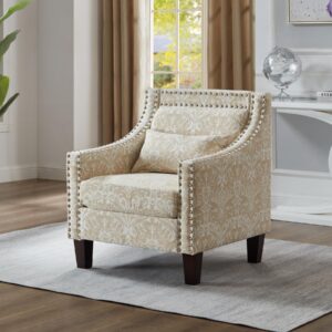 Dolonm Accent Chair with Arms Mid Century Modern Decorative Side Chair Upholstered Reading Chair with Wood Legs Nailhead Studded Wingback Linen Fabric Chair for Living Room Bedroom, Beige