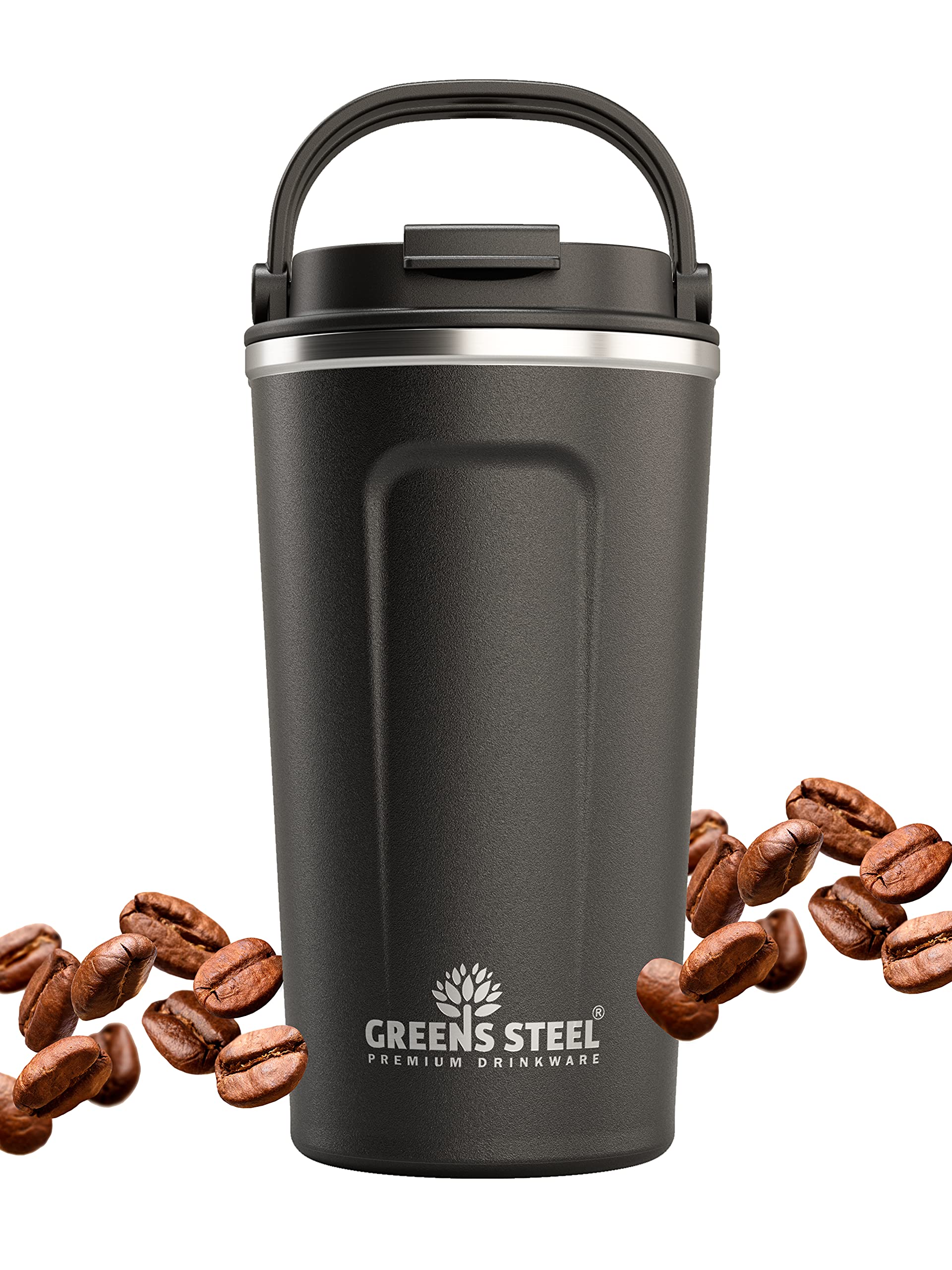 Reusable Coffee Cup with Lid and Handle - Stainless Steel Insulated Coffee Mug for Hot & Cold Drinks - Ideal Travel Mugs - 100% Leak-Proof Tumbler - 16 oz Black