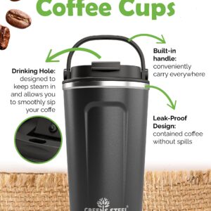 Reusable Coffee Cup with Lid and Handle - Stainless Steel Insulated Coffee Mug for Hot & Cold Drinks - Ideal Travel Mugs - 100% Leak-Proof Tumbler - 16 oz Black